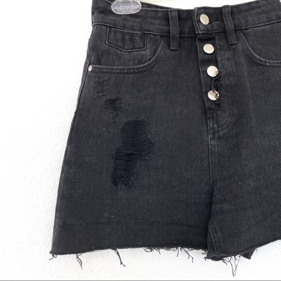 Zara High Rise Waist Black Distressed Denim Jean Short Exposed Button Fly Size 2 - Picture 3 of 9